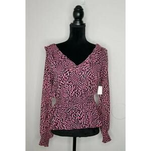 Bar III Ditsy Print Blouse Long Sleeves Top Pink